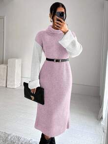 SHEIN Cottnline 女式休闲拼色高领针织连衣裙，秋冬 - 淺粉色 - 查看 6