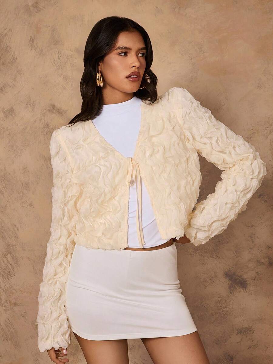 Chiquease Chaqueta ligera de mujer con volantes y lazo en la parte delantera, unicolor, elegante, para otoño - Albaricoque - Ver 1