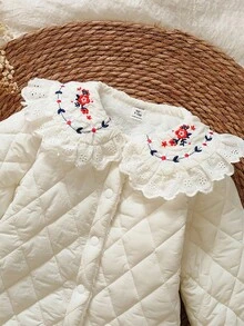 SHEIN Vintaside Kids Babygirl Infant & Baby Girl Winter Embroidered Lapel Long Sleeve Fashionable & Simple Western-Style Jumpsuit. This Jacket Is Perfect For Outdoor Travel, Providing Sufficient Cold Protection. The Style Is Fashionable And Practical. Fall