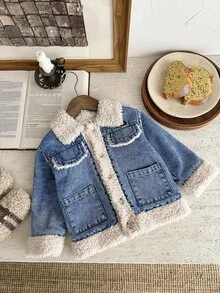 Vintaside Kids 女婴保暖衬里牛仔夹克，翻领长袖，时尚外套，适合旅行、度假、日常休闲装，秋冬