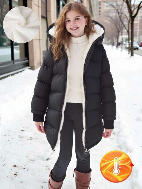 SHEIN 1pc Tween Girl Mid-Length Long Sleeve Padded Coat, Plush Lining, Comfortable & Warm, Solid Color Outerwear Fall Winter