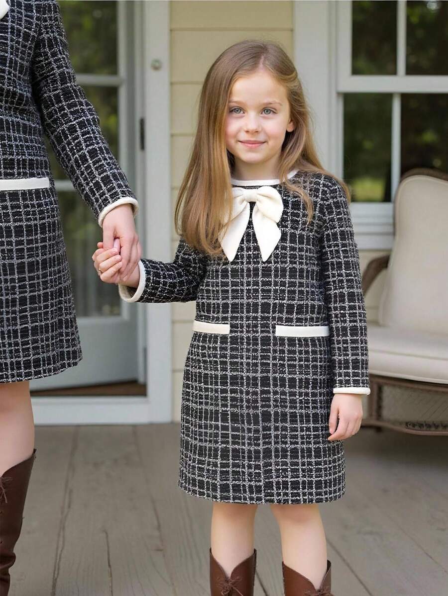 PrepCrw Young Girls Elegant School Style Black Bow Decor Plaid Round Neck Long Sleeve Dress, Back-To-School, Winter, Autumn, 7th Birthday Baby Shower