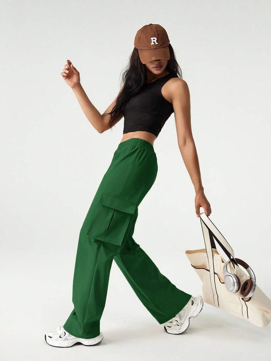 Hanevo Women's Casual Street Chic Solid Color Elastic Waist Flap Pocket Cargo Pants - Green - View 1