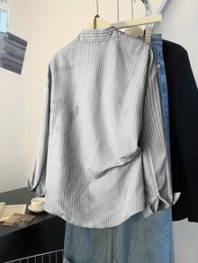 Franclia 女式条纹落肩长袖单排扣休闲宽松衬衫 - 灰色 - 查看 2