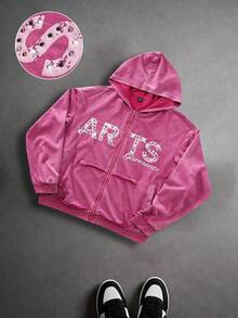 Manfinity Roghcode 1pc Men's Hooded Sweatshirt, Bestselling Ins-Popular Hoodie, Pink Hooded Sweatshirt Sweatshirt, Overall Design Is Casual & Fashionable With A Playful, Graffiti-Like Aesthetic. Ins Bestseller, Suitable For Young Casual Streetwear, Commuting, Back To School, Vacation. Gift For Husband Or Boyfriend, Unisex Couple Matching Pink Zip Up Hoodie Rhinestone Hoodie Pink Hoodie Graphic Hoodie Zip Up Hoodie, Fall