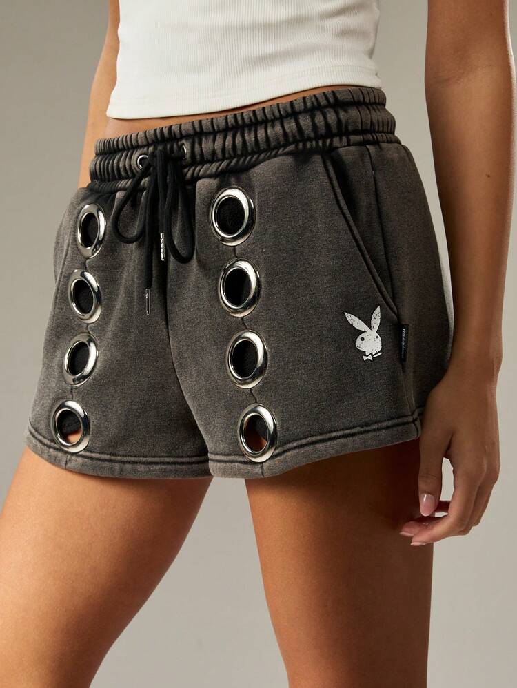 Missguided x Playboy Pantalones cortos mini con detalles de ojetes metálicos, cintura alta, estilo de festival de verano, mezcla de algodón, ropa urbana de calle, moda casual