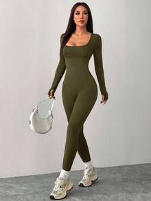 SHEIN PETITE Mono deportivo casual de punto negro con cuello cuadrado y ajustado para yoga - Verde militar - Ver 4