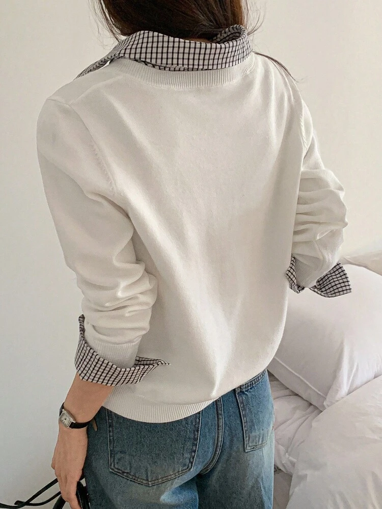 Women's Plaid Contrast Color Korean Style Long Sleeve English Embroidery Casual Sweater, Autumn/Winter