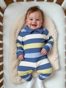 SHEIN 1 件婴儿针织连体衣，小领长袖休闲条纹连体衣 - 彩色 - 查看 1