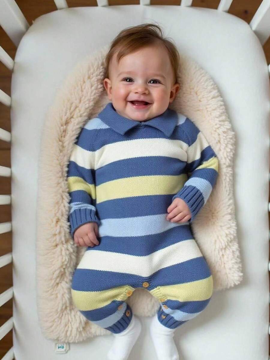 SHEIN 1 件婴儿针织连体衣，小领长袖休闲条纹连体衣 - 彩色 - 查看 1