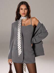 SHEIN Unity 2 piezas Conjunto de blazer y vestido de rayas vintage con hombros acolchados y ajuste relajado para mujer, adecuado para ir a la oficina, fiestas y reuniones, color gris - Gris Oscuro - Ver 5