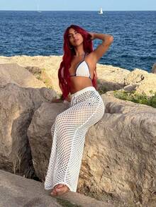 Bearsaez 1pc Women Solid Color Crochet Swimwear Skirt Bottom For Summer Beach Vacation - White - View 5