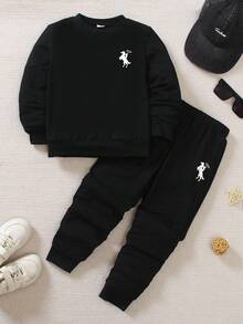 Bộ quần thể thao dệt kim in hình ngựa dễ thương cổ tròn và tay dài cho trẻ em từ 4-7 tuổi mùa xuân/thu/đông, thích hợp mặc hàng ngày, thể thao, nghỉ dưỡng, tiệc tùng, ngày lễ, đi chơi bình thường, cơ bản thiết yếu - màu đen - Xem 6