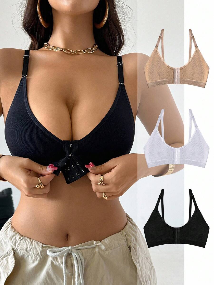 EasyFave Sujetador inalámbrico de unicolor simple con cierre frontal para mujeres - Multicolor - Ver 1
