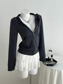 Elamini 秋季性感复古印花修身收腰短款女式卫衣 - 深灰色 - 查看 4