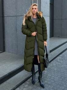 EURMUSE Gesteppter Kunstpelz Kapuzen Damen Daunenjacke, leuchtender Stoff, modisch und warm im Winter - Armeegrün - Übersicht 1