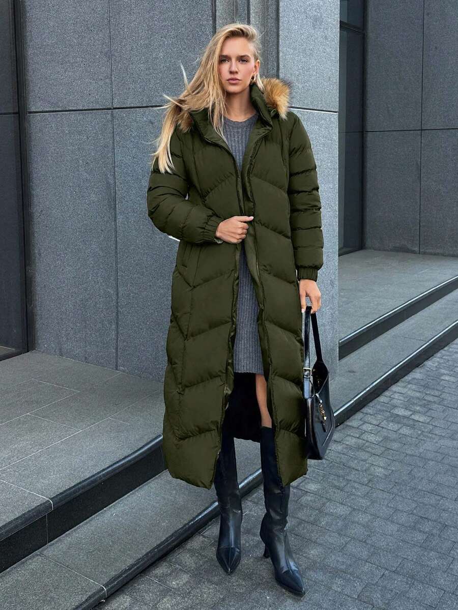 EURMUSE Gesteppter Kunstpelz Kapuzen Damen Daunenjacke, leuchtender Stoff, modisch und warm im Winter - Armeegrün - Übersicht 1