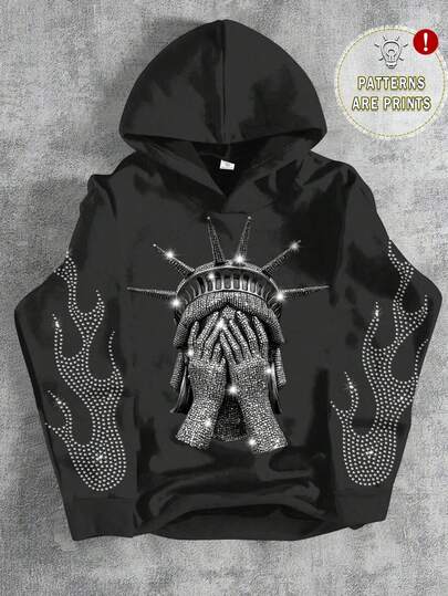 Áo nỉ đính đá lấp lánh cho bé trai, Áo nỉ đen in hình, Áo nỉ phong cách Gothic, Áo nỉ in hình đính đá, Áo nỉ hình Tượng Nữ thần Tự do, Phù hợp mọi ngày, Vui vẻ, Màu pastel, Phong cách Bikercore, Chuyến đi gia đình, Những ngày hạnh phúc, Con yêu mẹ, Con yêu bố, Ngôi nhà ấm cúng, Trẻ em cá tính, Phong cách đường phố, Áo nỉ dày dặn tay dài dáng rộng họa tiết hoạt hình tối giản, Thích hợp cho mùa thu/đông, Áo nỉ đen in hình ngọn lửa, Áo nỉ mùa thu