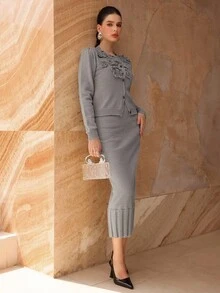 Modelyn Conjunto de suéter elegante con flores 3D para mujer