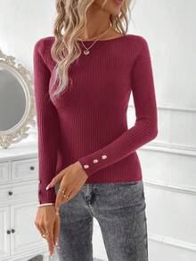 SHEIN Clasi Women's Black Crew Neck Long Sleeve Knit Sweater With Metal Button Cuffs Autumn Winter Clothes For Women,Fall,Fall Clothes For Women