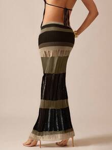 Hauture Váy midi dệt kim dáng dài ôm sát họa tiết sọc thiết kế rách rưới dành cho nữ - Nhiều màu - Xem 2