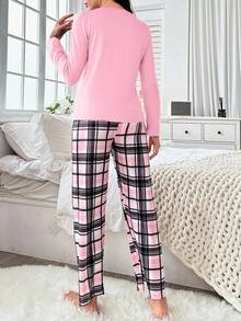 Women's Letter Print Round Neck Long Sleeve Top And Plaid Pants Pajama Set, Fall Clothes