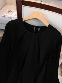 GlowEve CURVE 大码女式夏季拼布镂空宽松上衣，精致串珠领口，灯笼褶袖，复古优雅办公室衬衫 - 黑色 - 查看 4