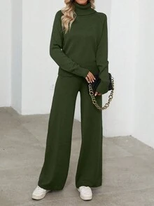 EMERY ROSE Women's Casual Solid Color Turtleneck Sweater And Knit Pants 2 Pieces Set, Autumn/Winter