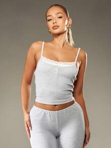 MISSGUIDED Cotton Ribbed Lace Trim Button Front Cami Top Lounge Wear Essential Slim Fitted Spaghetti Strap Tank Top Classic Casual Basic Layering Piece - Light Grey - View 3