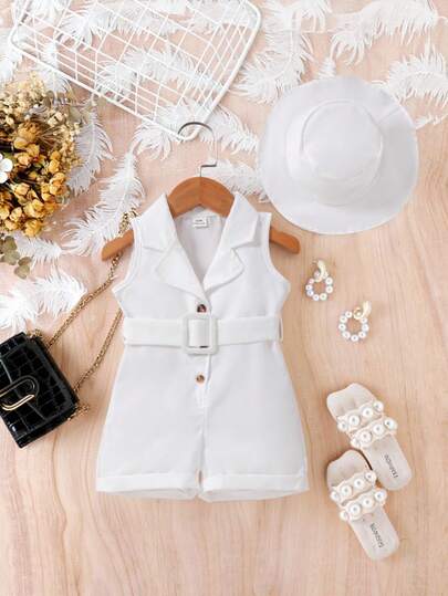 SHEIN Baby Girl Solid Color Distressed Button Design Sleeveless Casual Romper