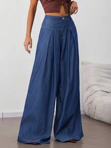 SHEIN Tall CURVE Plus Size Women's Pocketed Fold Pleated Loose Fit Wide Leg Jeans, 4th Of July Summer Cowgirl Western Vacation School Concert Teacher Vintage Hawaii Rave Streetwear