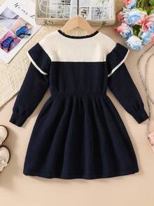 SHEIN 女童手工蝴蝶结针织连衣裙，可爱简约，秋冬新品，女童公主风长袖连衣裙，百搭可爱，适合返校日穿 - 寶藍色 - 查看 3