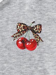 Áo len dệt kim mùa thu/đông cho bé gái, chất liệu vải xám, vai lệch, tay dài, dây đeo in họa tiết da báo, nơ phía trước, họa tiết hoa anh đào dập nổi, thích hợp mặc thường ngày, đi du lịch ngoài trời, dự tiệc. - Xám - Xem 6