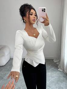 Elenzga 女士优雅高端正式办公室通勤休闲曲线商务休闲装度假下午茶户外街头风格家居舒适宾客礼服派对纯色缎面材质中式领口甜心领褶皱垂坠长袖衬衫，杏色 - 杏色 - 查看 5