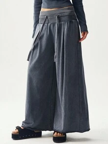 Bohemela 女士休闲纯色针织宽松阔腿裤 - 灰色 - 查看 5