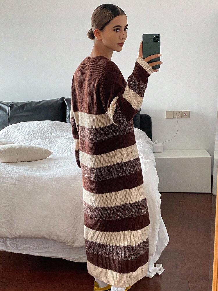 Women's Casual Loose Colorblock Striped Sweater Dress, Autumn