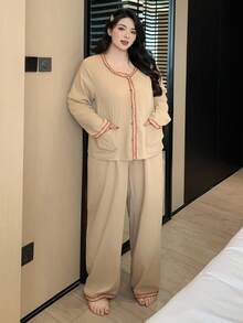 Dazy Plus 两件套时尚家居服，撞色荷叶边宽松上衣和裤子，大码女式睡衣套装，适合秋冬季穿着。 - 卡其色 - 查看 5