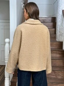 LanaWest Women's Apricot Pocket Contrast Button Loose Batwing Sleeve Short Overcoat - Khaki - View 2