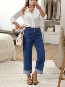 EMERY ROSE Women's Vacation Casual Washed Straight Leg Jeans Casual Street Patchwork Pocket Loose Wide Leg Jeans Women Jeans Baggy Loose Jeans