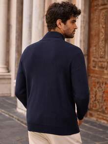 HIMLAND Suéter tipo cardigan para hombres con cremallera de metal y bordado, ajuste holgado de punto para otoño e invierno - Azul Marino - Ver 4