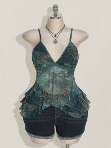 SHEIN ICON Damen Große Größen Urlaubs Cashew Blume Muster Rüschen Träger Camisole 4. Juli Damen süßes Sommer Top Ausgehoberteil - Blau - Übersicht 3