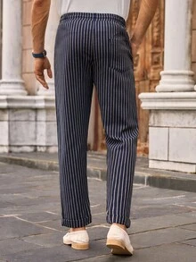 HIMLAND Men's Casual Drawstring Waist Striped Pocket Straight Leg Pants - Multicolor - View 3