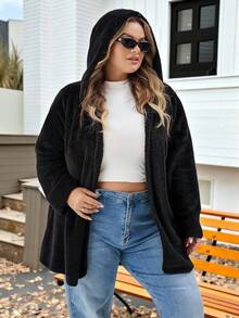 SHEIN CURVE+ 大码休闲简约秋冬居家休闲黑色双面绒宽松连帽女外套 - 黑色 - 查看 8