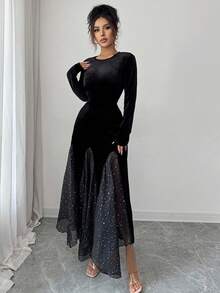 Modelyn 女士优雅水钻亮片装饰收腰开衩连衣裙 - 黑色 - 查看 6