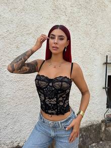 Bearsaez Sexy Lace See-Through Cami Top, Party, Date, Casual, Commute, Cute Bralette, Sexy Club Top, Corset Top, Strapless Top, Going Out Summer Cute Lace Top, Halloween Clothes,Halloween Costume - Black - View 2