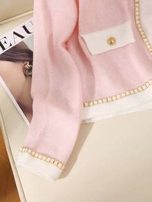 SHEIN Tall Elegante cárdigan redondo de cuello suave y esponjoso con bloques de color y delicado ribete de encaje, adecuado para mujeres altas en primavera/otoño - Rosa - Ver 6