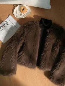 SHEIN Privé Plus Size Women Winter Solid Color Long Sleeve Fashionable Faux Fur Collar-Less Jacket Brown Jacket Women Faux Fur Coat Fur Jacket Crop Jacket, Brown For Women