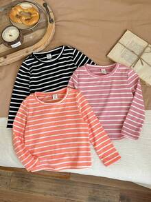 SHEIN LMoss Kids LMoss Young Girl 3pcs Young Girl Knit Striped Round Neck Casual Top Set