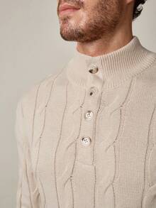 Manfinity Homme 男士时尚休闲粗针织纽扣毛衣，老式风格毛衣半襟纽扣针织休闲毛衣适合上班、工作、外出、约会、购物、秋季 - 彩色 - 查看 2