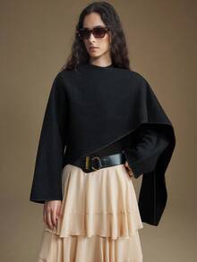 Ontre 2025新款现代都市风格黑色羊毛混纺双面呢大衣宽松版型围巾领长袖商务休闲秋季服装 - 黑色 - 查看 1